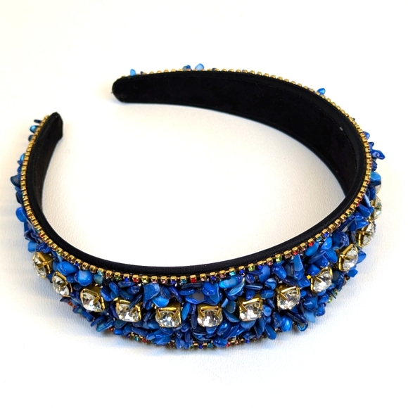 Blue Crushed Turquoise Stone & Rhinestone Embedded Headband Forsylvanas Jewelry - Picture 6 of 8